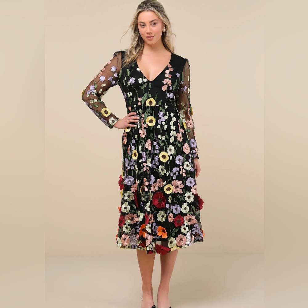 Lulu's Impressive Blossom Black 3D Floral Embroidered Midi Dress